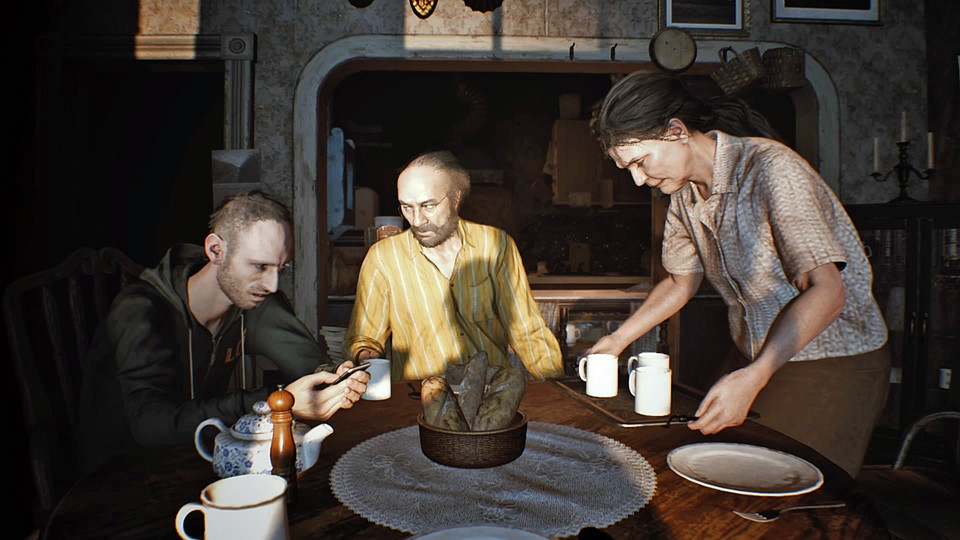 Resident Evil 7: Biohazard - Die Bakers am Frühstückstisch. Ruhige Szenen wie diese streut Daughters nur selten ein. 