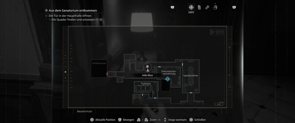 Die Münze ist in der Ecke des Flurs.