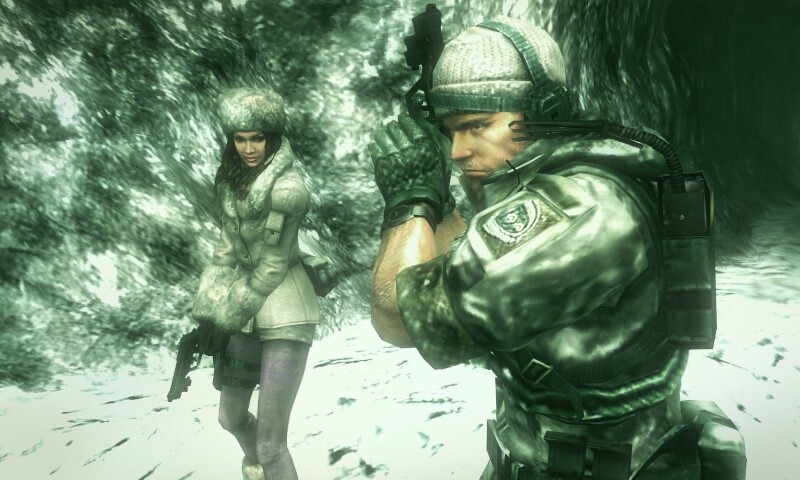 Chris Redfield und seine Partnerin Jessica Sherawat auf der Suche nach dem Veltro-Hauptquartier in einer verschneiten Basis.