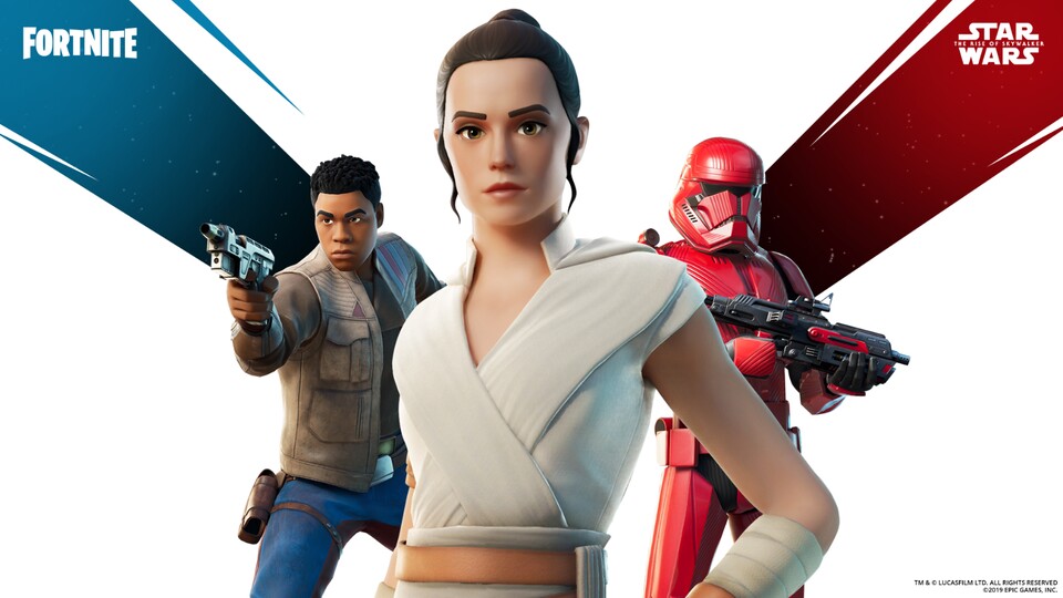 Rey, Finn und einen Sith Trooper aus Star Wars Episode 9: The Rise of Skywalker gibt es jetzt auch als Skins in Fortnite.