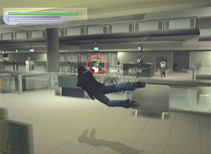 Der spektakuläre »Bullet Time«-Effekt in Aktion: Per L1-Taste aktiviert ihr die Adrenalin-Fähigkeit des Helden und segelt in Zeitlupe durch die Luft. Screen: Playstation 2
