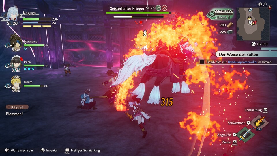 Dieser Boss hier ist schwach gegen Langschwerter und Feuer. Beides haben wir im Gepäck. Im Kampf könnt ihr übrigens problemlos eure Ausrüsung wechseln.
