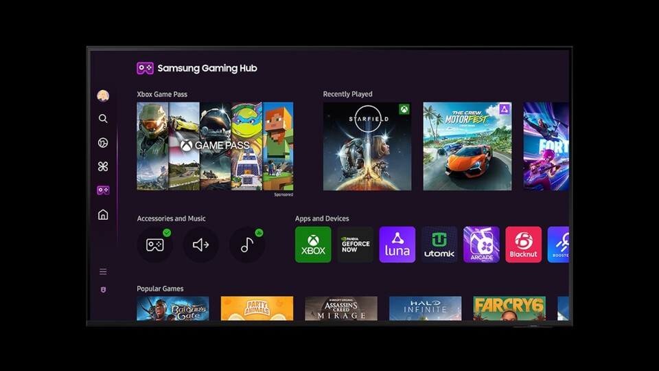 Der Samsung DU7170 bietet umfangreichen App-Support und zahlreiche Gaming-Features über den integrierten Gaming Hub.
