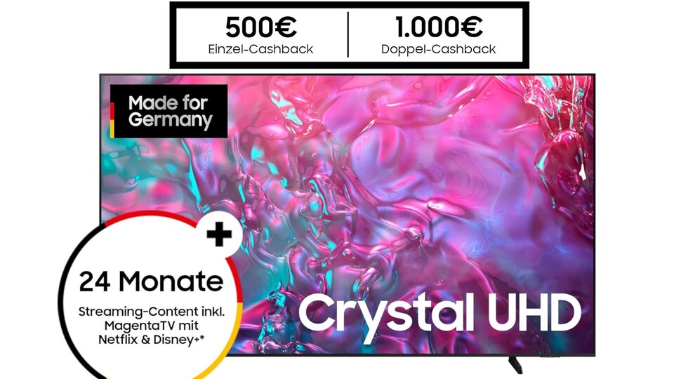 Wenn ihr euch den 98 Zoll großen Samsung 4K-TV mit einer rund 250€ teuren Soundbar bestellt, kommt ihr durch 1000€ Cashback effektiv günstiger weg.