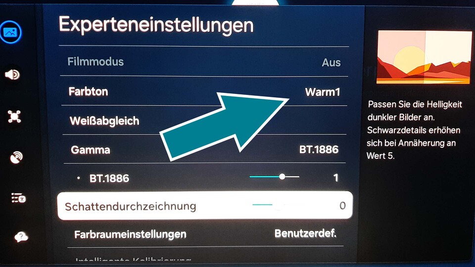 Über den Farbton oder die Farbtemperatur wählt ihr den D65-Weißpunkt aus oder bleibt – wie wir es empfehlen – darunter.