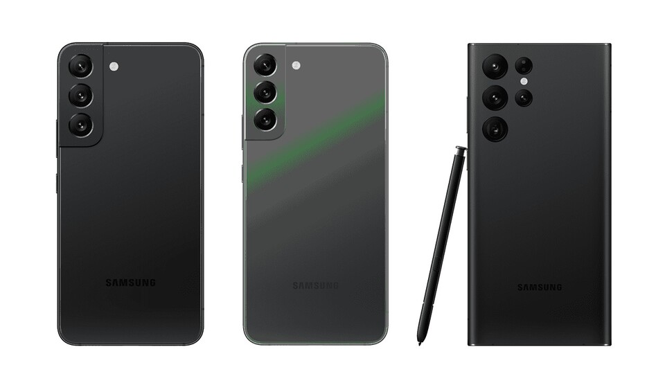 Von links nach rechts: Das Samsung Galaxy S22, S22 Plus und S22 Ultra und ihre Kameras.