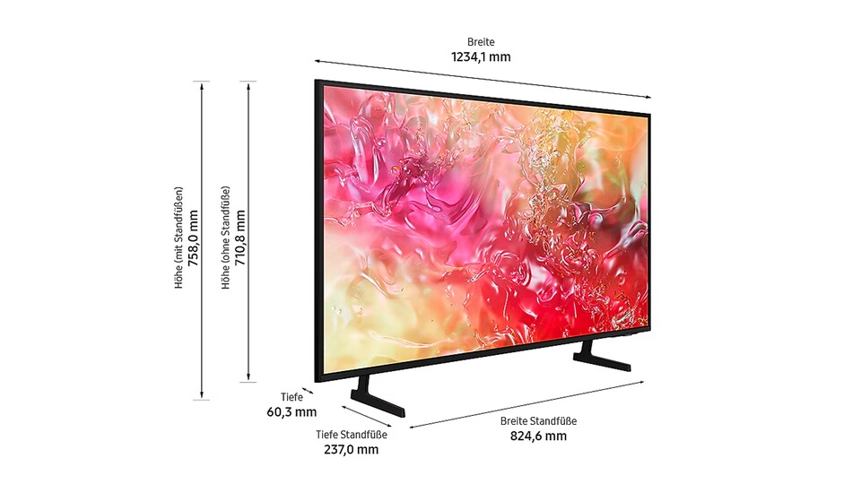 Damit er auch garantiert in euer Zimmer passt: Hier sind die Maße des Samsung DU7199.