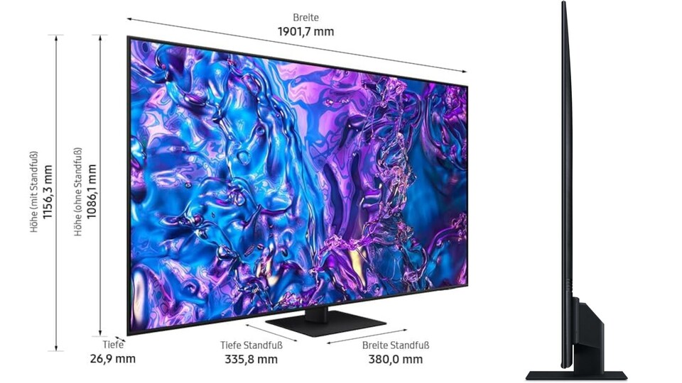 Der 4K-Fernseher Samsung QLED Q70D verfügt über ein sehr flaches Design, sodass man ihn gut an die Wand hängen kann. Für die 85-Zoll-Version braucht man aber natürlich eine große, freie Fläche.