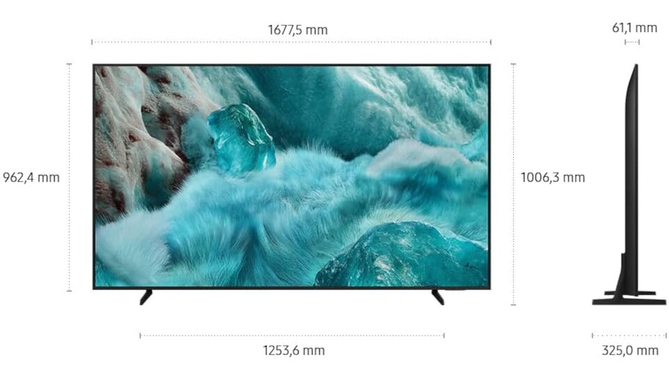 Hier die Maße des Samsung QLED-Fernsehers, für den ihr bei MediaMarkt gerade nicht mal die Hälfte bezahlt.
