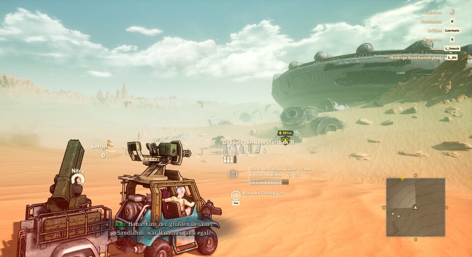 Meistens seid ihr in Sand Land mit schwer bewaffneten Vehikeln unterwegs.