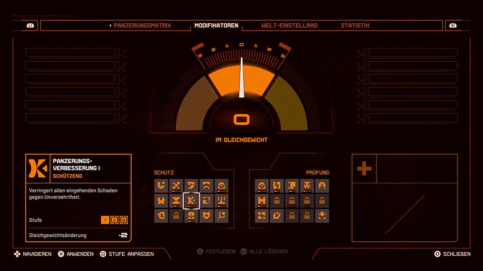 Mit den Mods kann ich mir das Spiel sehr weit an meine Bedürfnisse anpassen. Aktiviere ich die Panzerungs-Verbesserung auf Stufe 3, bin ich nahezu unverwundbar.