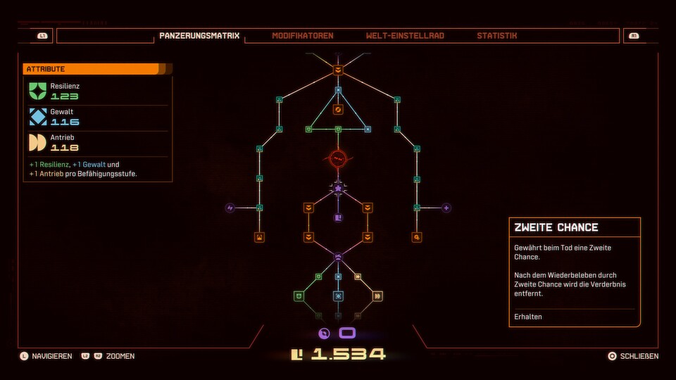 In der Panzermatrix könnt ihr nach jedem Run ein paar neue Perks freischalten.