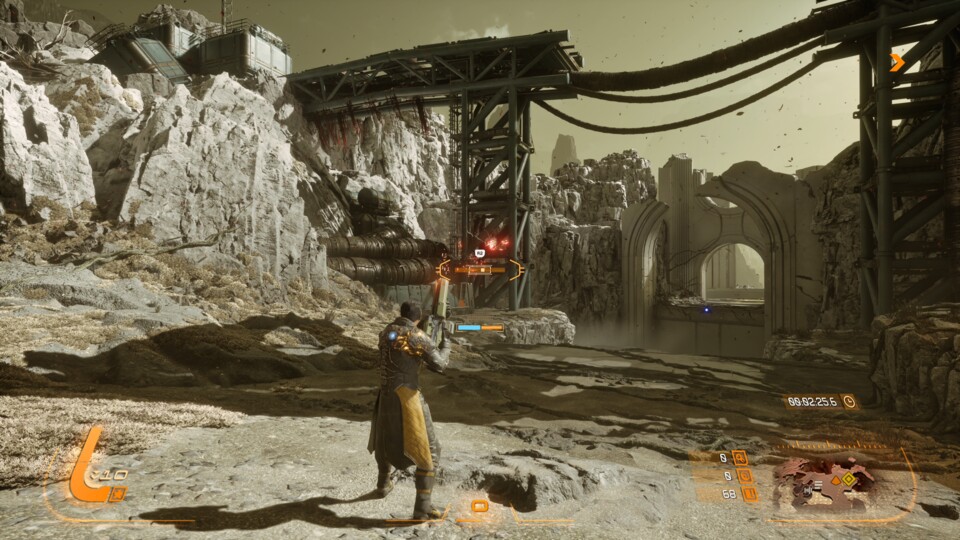 In der Mitte findet das Minispiel statt. Ist der kleine Würfel im Rechteck, drückt R2 um schneller nachzuladen.