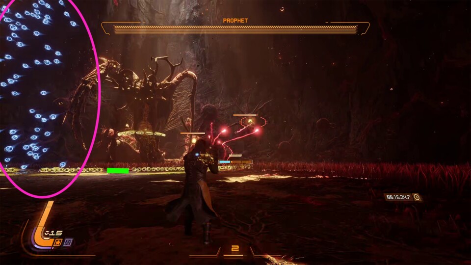 Die blauen Wellen landen nur in einem kleinen Bereich – weicht ihnen einfach aus und nutzt die kleinen Freiräume zwischen den Bodenwellen.