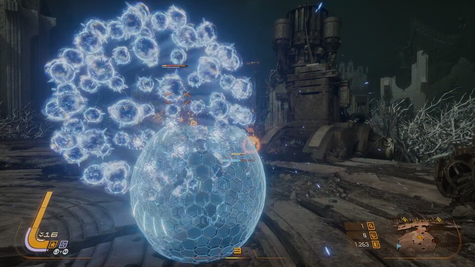 Aktiviere ich den Schild, schützt er mich nicht nur vor den anfliegenden Projektilen, er wandelt sie auch in Energie um.