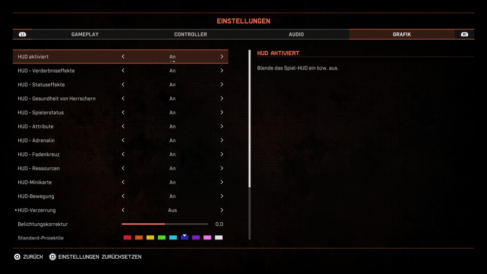Das HUD lässt sich umfangreich anpassen, unten könnt ihr sogar noch die Farben für die verschiedenen Projektile anpassen.