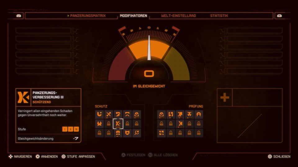 Mit den Mods könnt ihr zahlreiche Boni aktivieren: Mit Panzerungsverbesserung auf Stufe 3 seid ihr nahezu unverwundbar.
