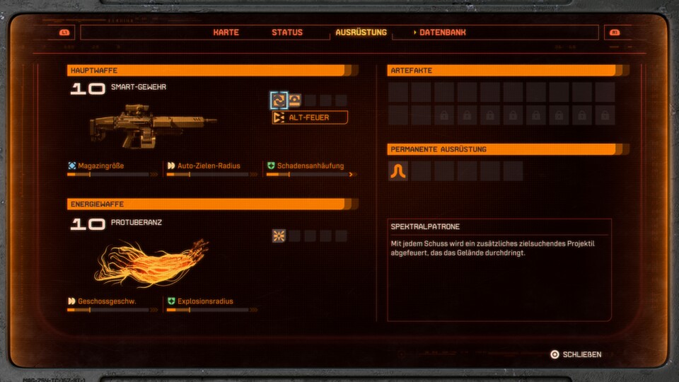 Unterhalb der Waffen stehen die Merkmale, die mit euren Attributen skalieren, rechts sind die Perks zu sehen.