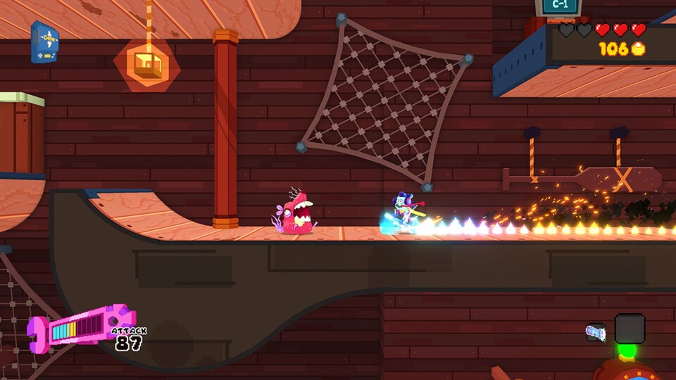 Als Frosch mit Raketenschraubenschlüssel rast ihr in Seafrog durch bunte Level.