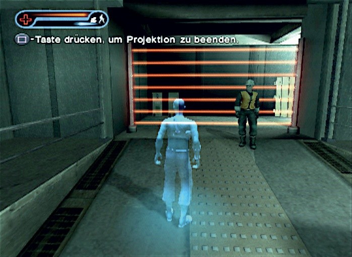 An den Elektroschranken kommt ihr nur vorbei, wenn ihr euch auf eine Projektion konzentriert. Auf Knopfdruck »fahrt« ihr wieder in Johns Körper hinein. Screen: Playstation 2