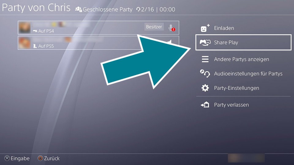 Auf der PS4 versteckt sich Share Play in der Party-Übersicht.