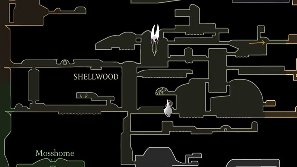 Der Pfeil zeigt den Weg zum nächsten Gebiet, Hornet markiert den Skill und Shakra die Karte.