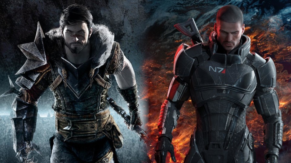 Hawke aus Dragon Age II und Commander Shepard aus Mass Effect 3 in BioWares Protagonisten-Pose. 