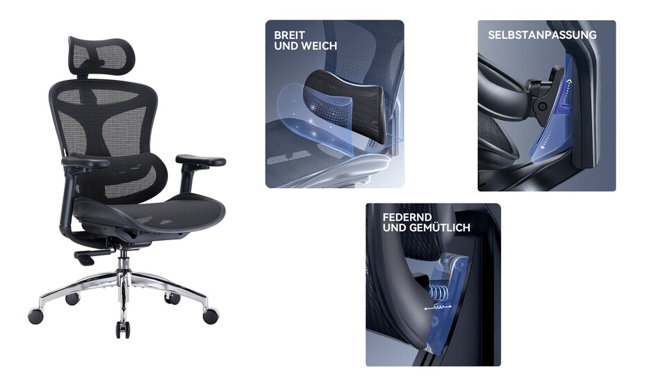 Ultra-ergonomisch dank Lendenwirbelunterstützung und gut belüftet mit Mesh-Design.