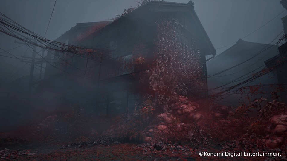 Neben dem gewohnten Nebel haben wir es dieses Mal mit organischer Masse zu tun, aus der rote Blumenranken wachsen.