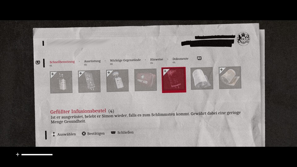 Im Inventar verwahrt Simon seine Ressourcen, Ausrüstung wie Waffen und Bolzenschneider und zahlreiche Dokumente.