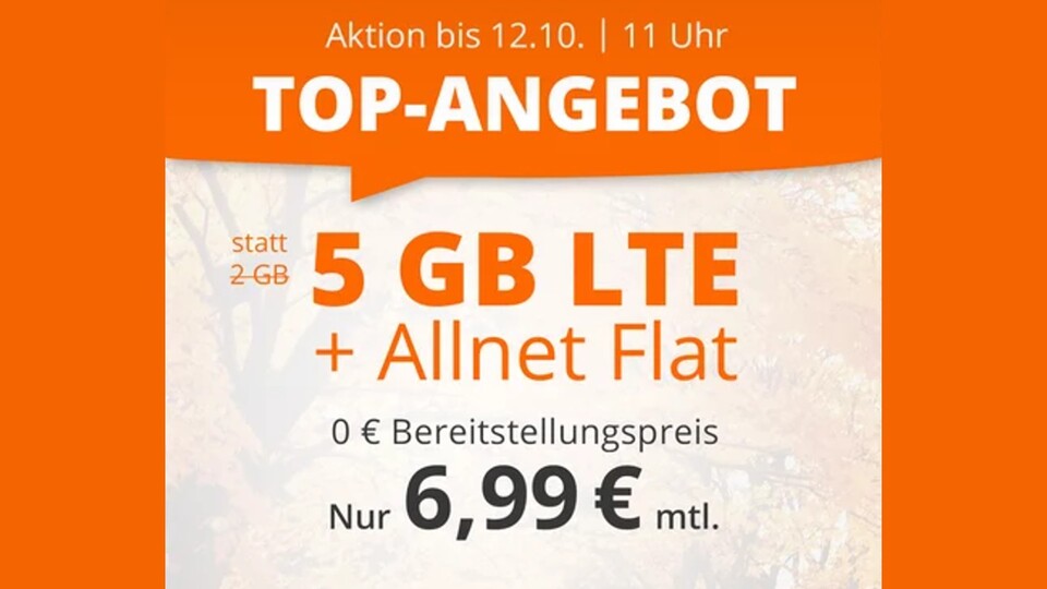 Nur bis Dienstag: 5 GB LTE plus Allnet Flat für nur 6,99 Euro im Monat.