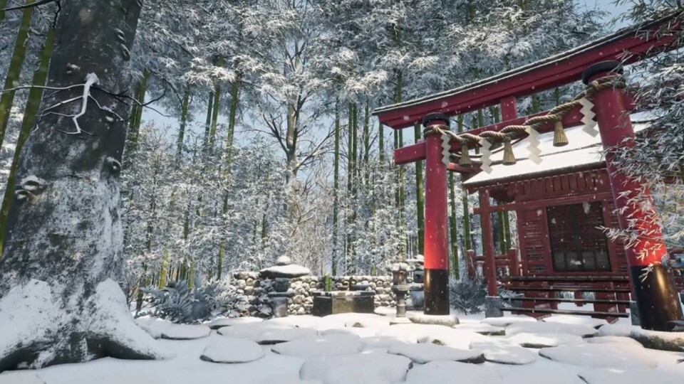 So idyllisch sieht das winterliche Japan im neuen Survival-Spiel Sengoku Dynasty aus