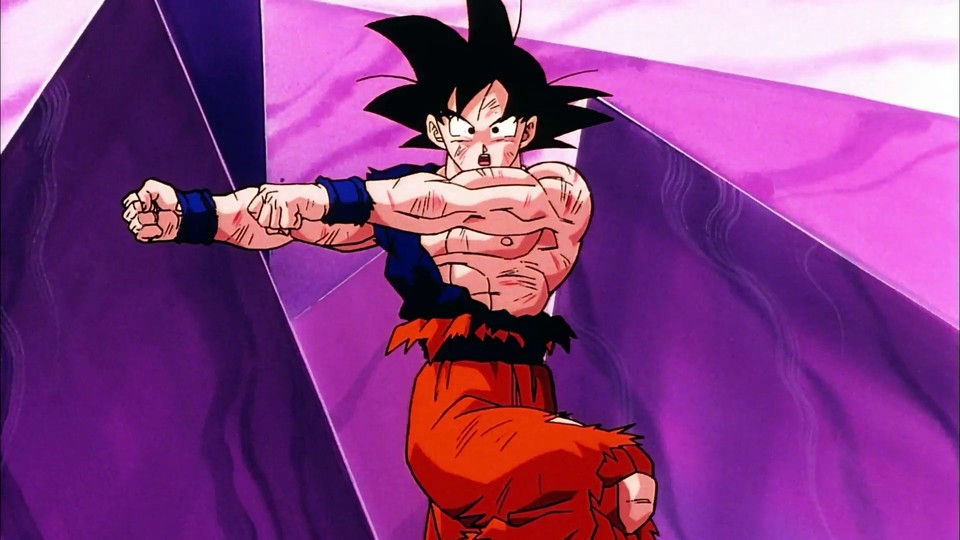 Son Goku tanzt den Fusions-Tanz in Dragon Ball.