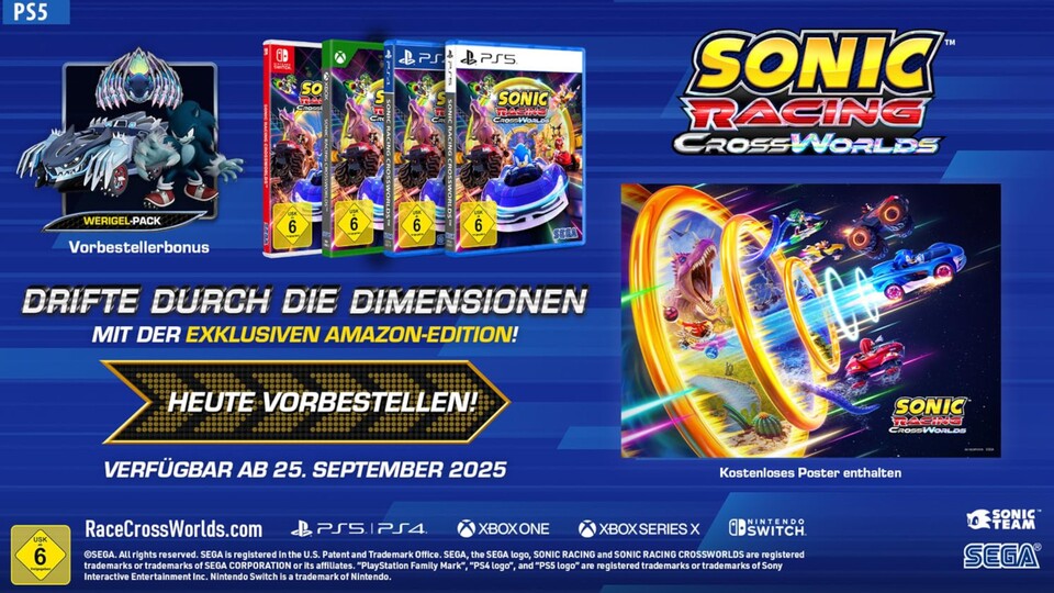 Das Poster rechts im Bild bekommt ihr nur mit der Amazon-exklusiven Edition, den Vorbesteller-Bonus links oben gibt es auch bei anderen Shops.