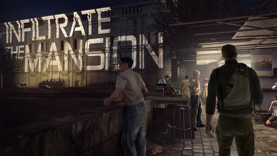 Splinter Cell: Conviction: Missionsziele werden filmreif in Echtzeit auf die Umgebung projiziert.