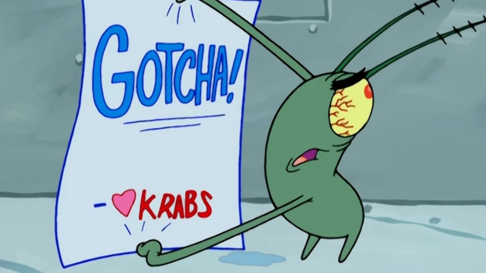 Plankton ist so auf die geheime Krabbenburgerformel versessen, dass Mr. Krabs sich einen Spaß daraus macht.