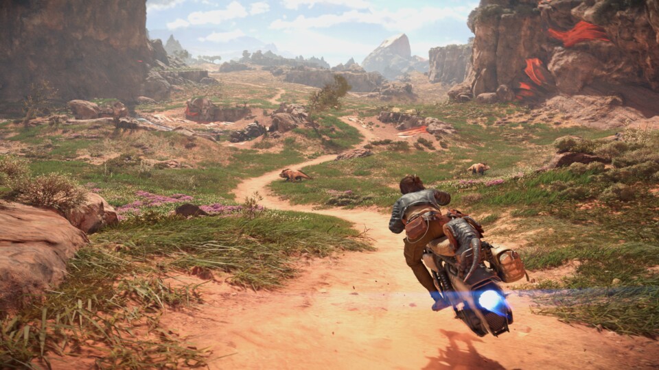 Die weiten Landschaften im Open-World-Spiel Star Wars Outlaws erkundet ihr mit eurem Speederbike.