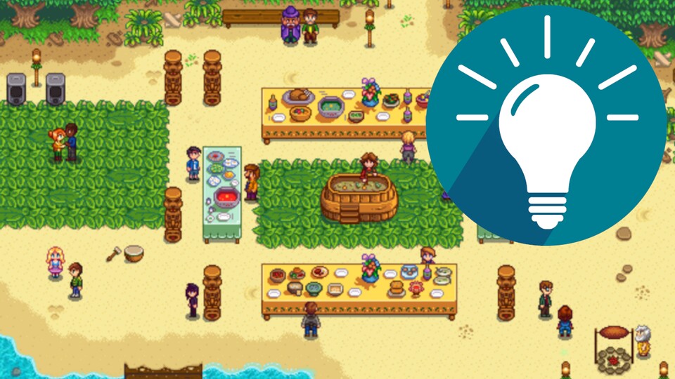 Hier seht ihr das Luau in Stardew Valley am Stran mit der Gemeinschaftssuppe.