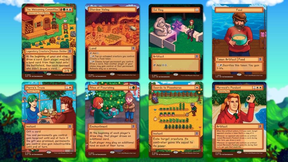 Hier seht ihr alle 8 Karten aus dem Set Welcome to Stardew Valley, die von Eric Barone persönlich designt wurden.