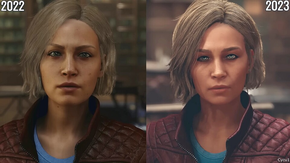 Die Haare sind im 2023er Video weitaus feiner modelliert, das Gesicht der Dame ist aber tatsächlich blasser und auch unschärfer texturiert. (Bildquelle: Cycu1 Youtube)