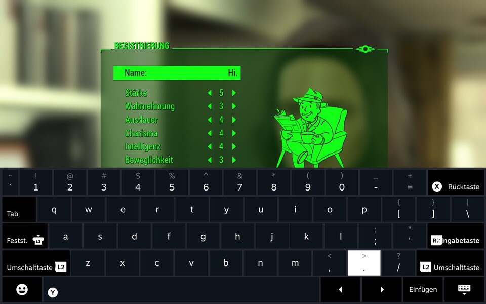 Auf die Bildschirmtastatur müsst ihr häufiger zurückgreifen, so auch in Fallout 4. Analog zur Dark Souls ist das nur während der Charaktererstellung notwendig.