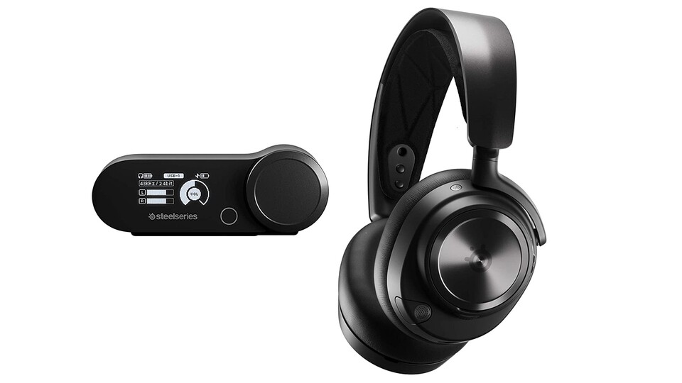 Das SteelSeries Arctis Nova Pro wird euch zusammen mit einer Docking-Station geliefert, die euch einen der beiden Akkus aufladen und schnell verschiedene Einstellungen vornehmen lässt.