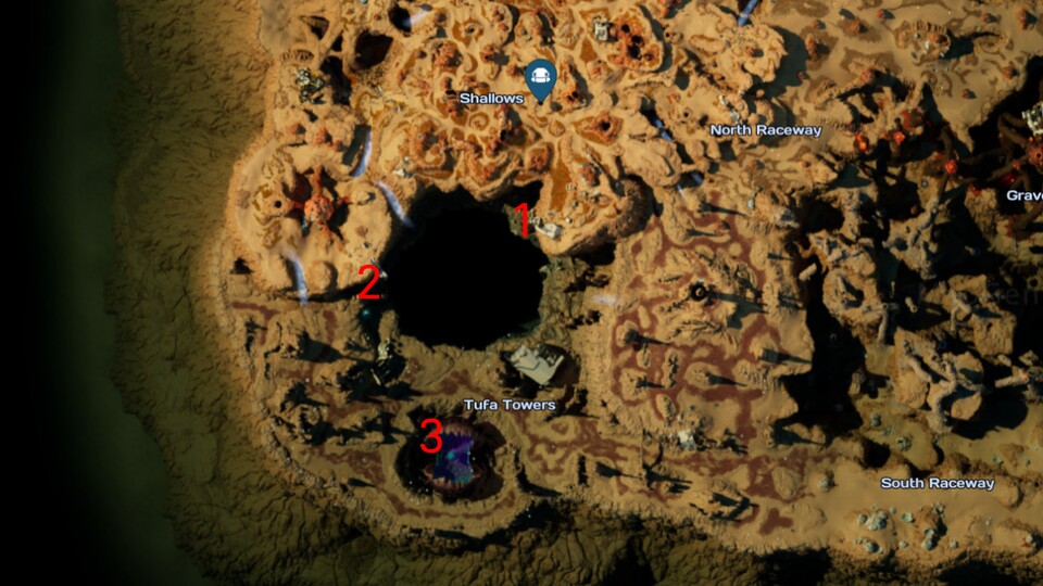 Wir haben die drei Fundorte für euch in einem Ausschnitt von Map Genie eingezeichnet.