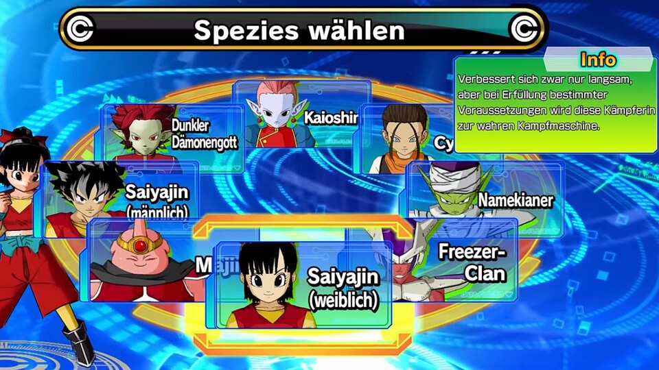 Wählt weise. Zu Beginn des Spiels wählt ihr euren Avatar aus einem von insgesamt sieben Völkern (Saiyajin werden doppelt gezählt). Das entscheidet, wie schnell sich euer Charakter weiterentwickelt.