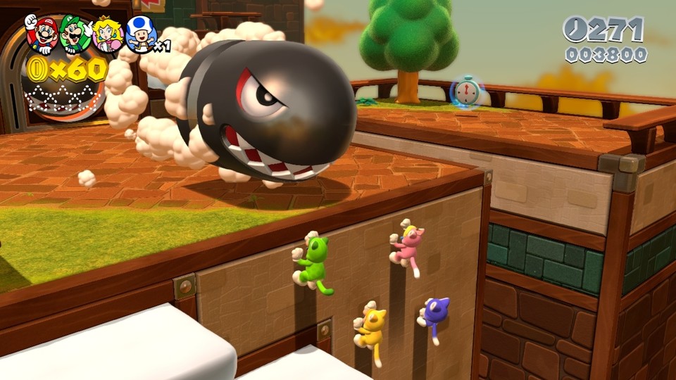 Nicht nur Mario kann ein Katzenkostüm tragen und Wände hinauflaufen, die drei anderen Charaktere können das auch.