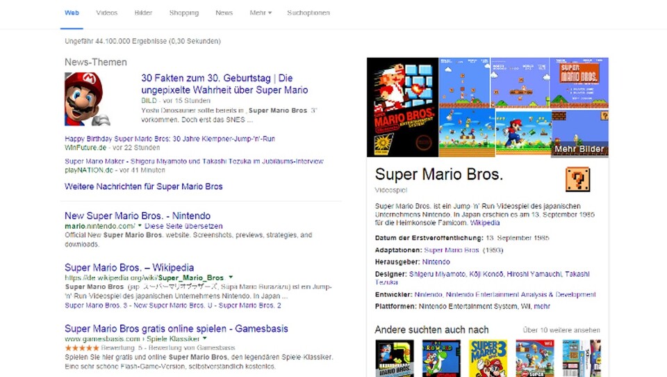 Anlässlich des Jubiläums von Super Mario Bros. gibt es bei Google derzeit ein kleines Easter-Egg.