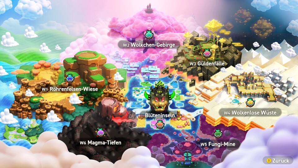 Flower Kingdom met alle werelden in één oogopslag.