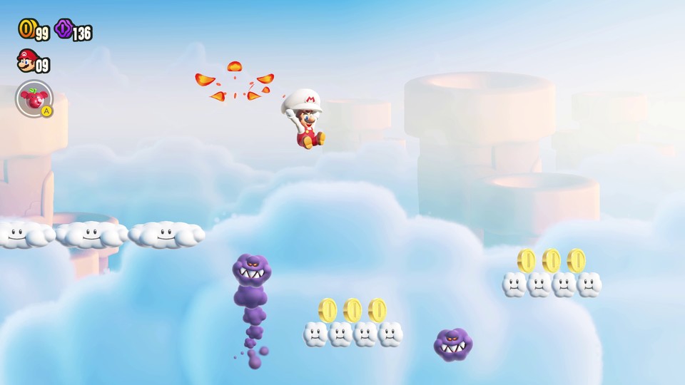Die Abzeichen bereichern das Wonder-Gameplay angenehm und sorgen für Varianz. Hier demonstriert Mario den Einsatz der Fallschirmmütze.