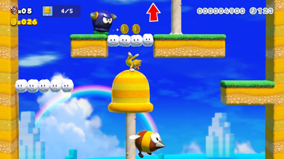 Mit dem Mario 3D-World-Theme kommen auch Elemente wie die Glocke bzw. Katzen-Mario ins Spiel, der behände auf Bäume oder an Wänden kraxeln kann.