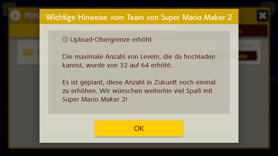 Die Upload-Obergrenze wurde jetzt von 32 auf 64 Level erhöht. 